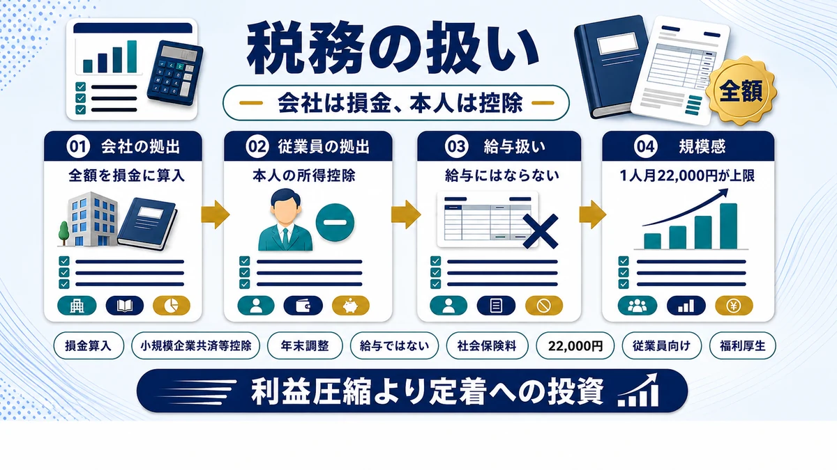 会社の掛金は損金算入、従業員の掛金は所得控除になることを示した図