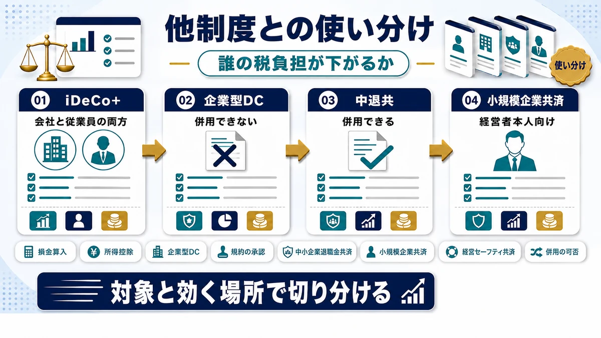 iDeCo＋と企業型確定拠出年金・中退共・小規模企業共済の使い分けを示した図