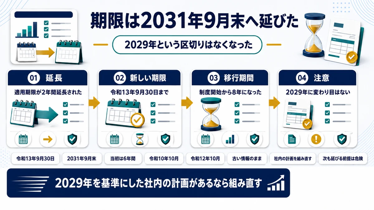 経過措置の適用期限が2年延長され2031年9月末になったことを示した図