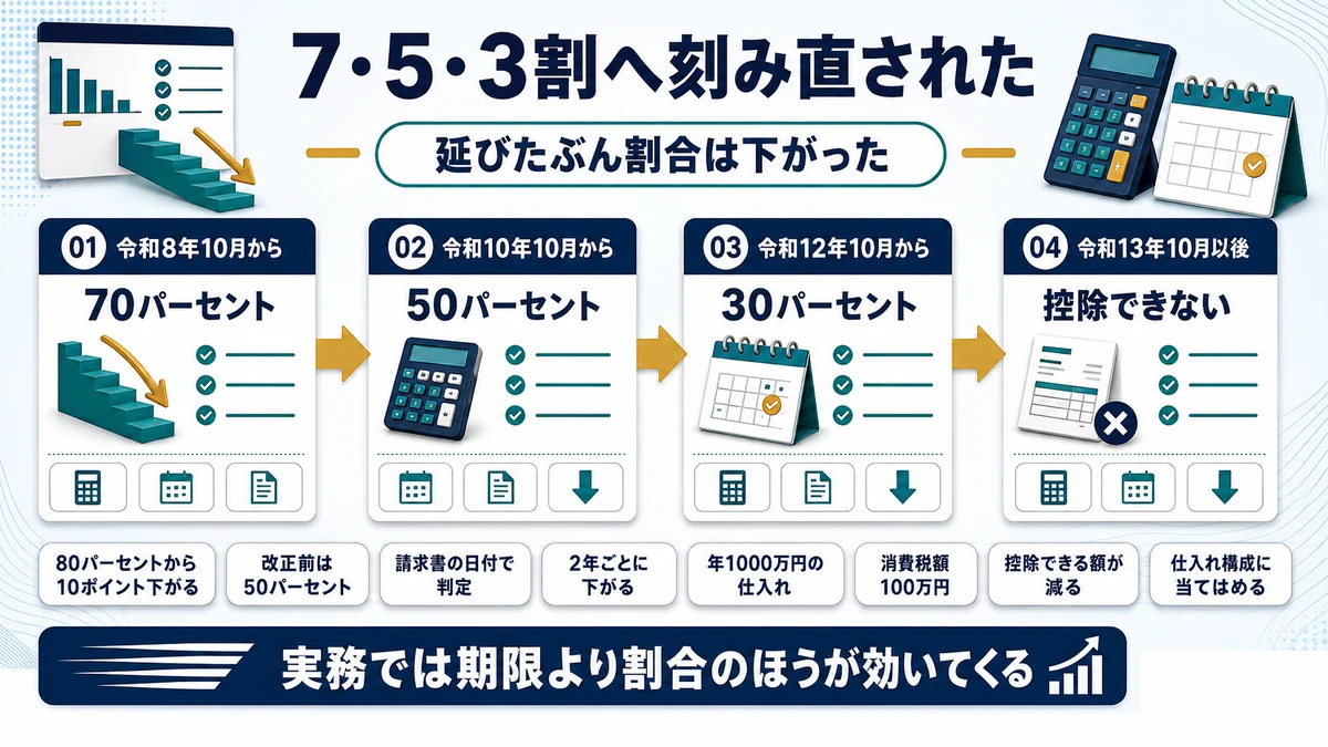 経過措置の控除可能割合が70パーセント50パーセント30パーセントへ見直されたことを示した図