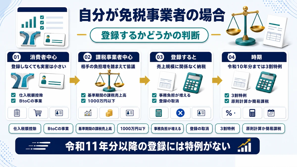 免税事業者が登録するかどうかを判断する基準を示した図