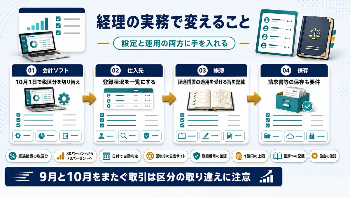 経過措置の割合変更に伴い経理実務で変更すべき点を示した図