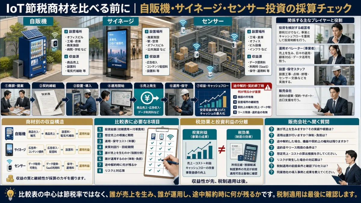 IoT節税商材を比べる前に｜自販機・サイネージ・センサー投資の採算チェック