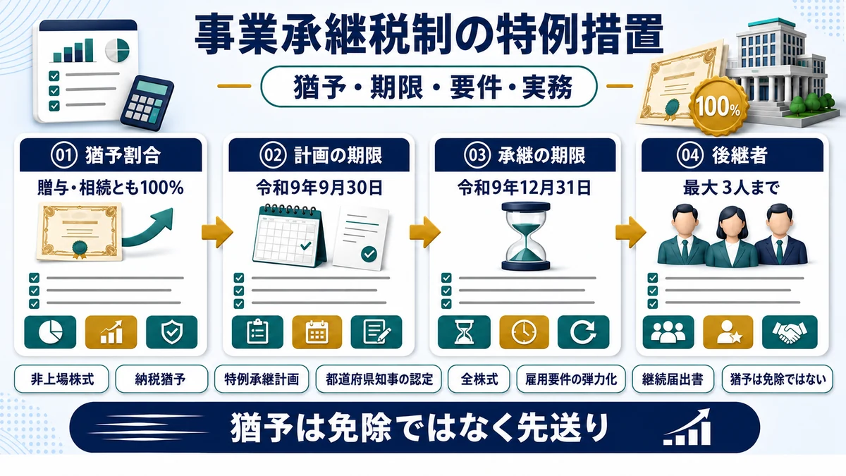 事業承継税制の特例措置の猶予割合・期限・要件をまとめた図