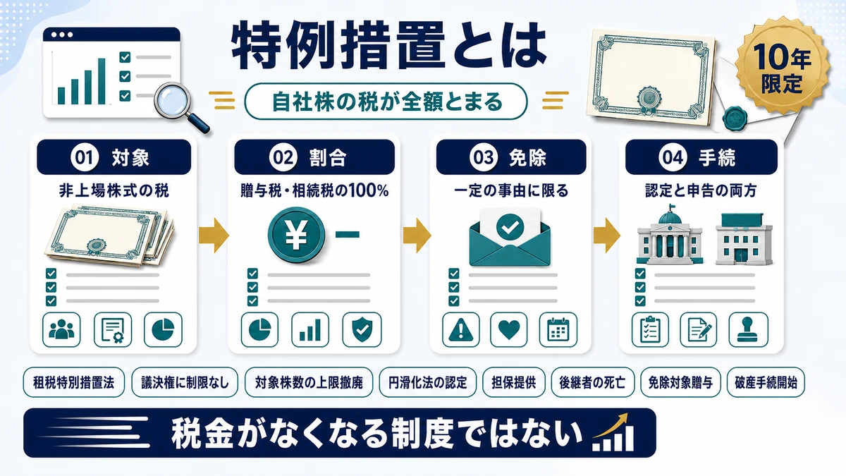 事業承継税制の特例措置で贈与税・相続税が100%猶予される流れを示した図