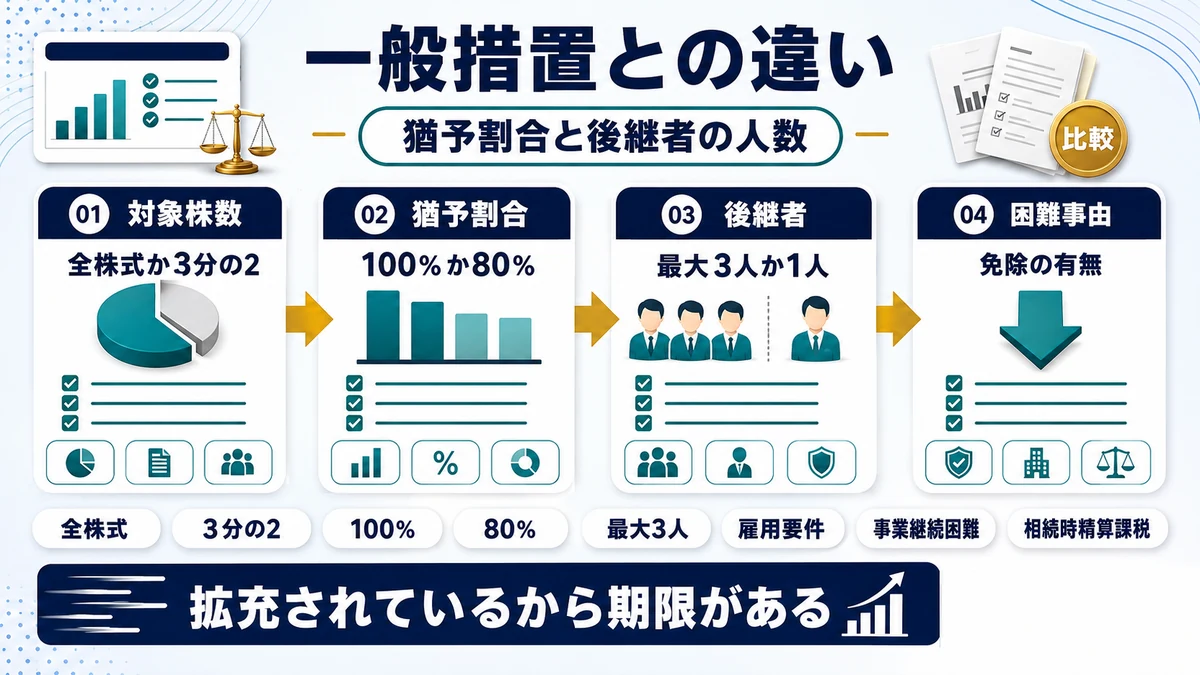 特例措置と一般措置の猶予割合・対象株数・承継パターンの違いを示した図