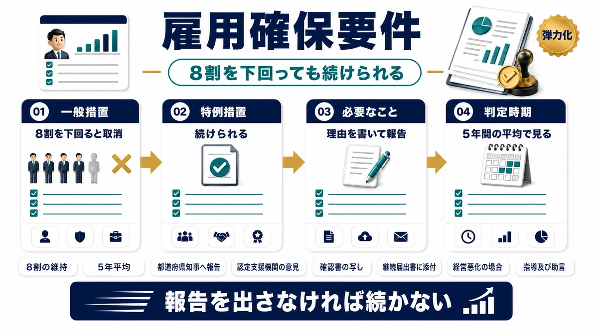 雇用8割を下回った場合に報告書を提出して納税猶予を継続する流れを示した図
