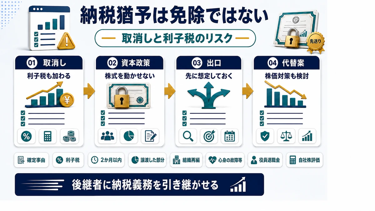 納税猶予が取り消される主な場面と利子税の負担を示した図