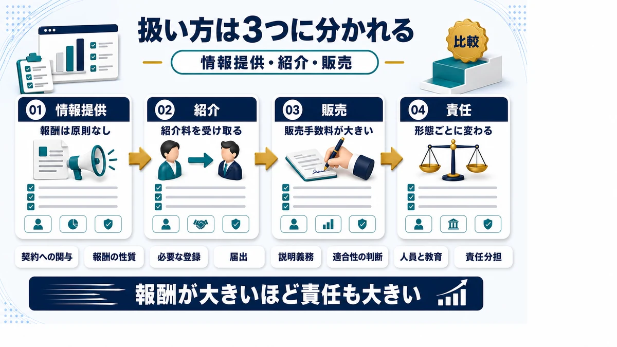 節税商品の取り扱い形態を情報提供・紹介・販売に分けて示した図