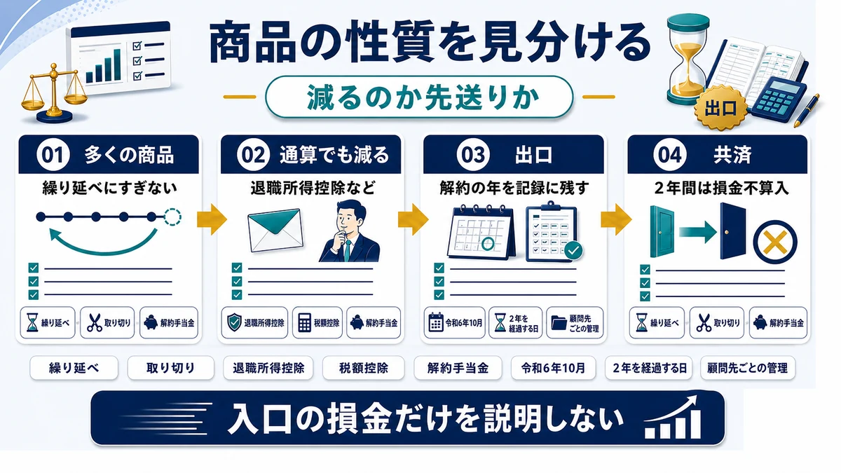 節税商品を繰り延べ型と課税方法が変わる型に分けて示した図