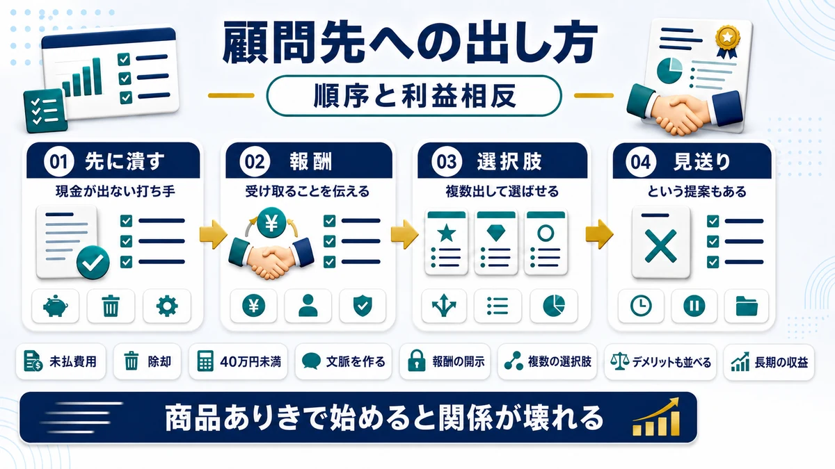顧問先へ節税商品を提案するときの順序と利益相反への配慮を示した図