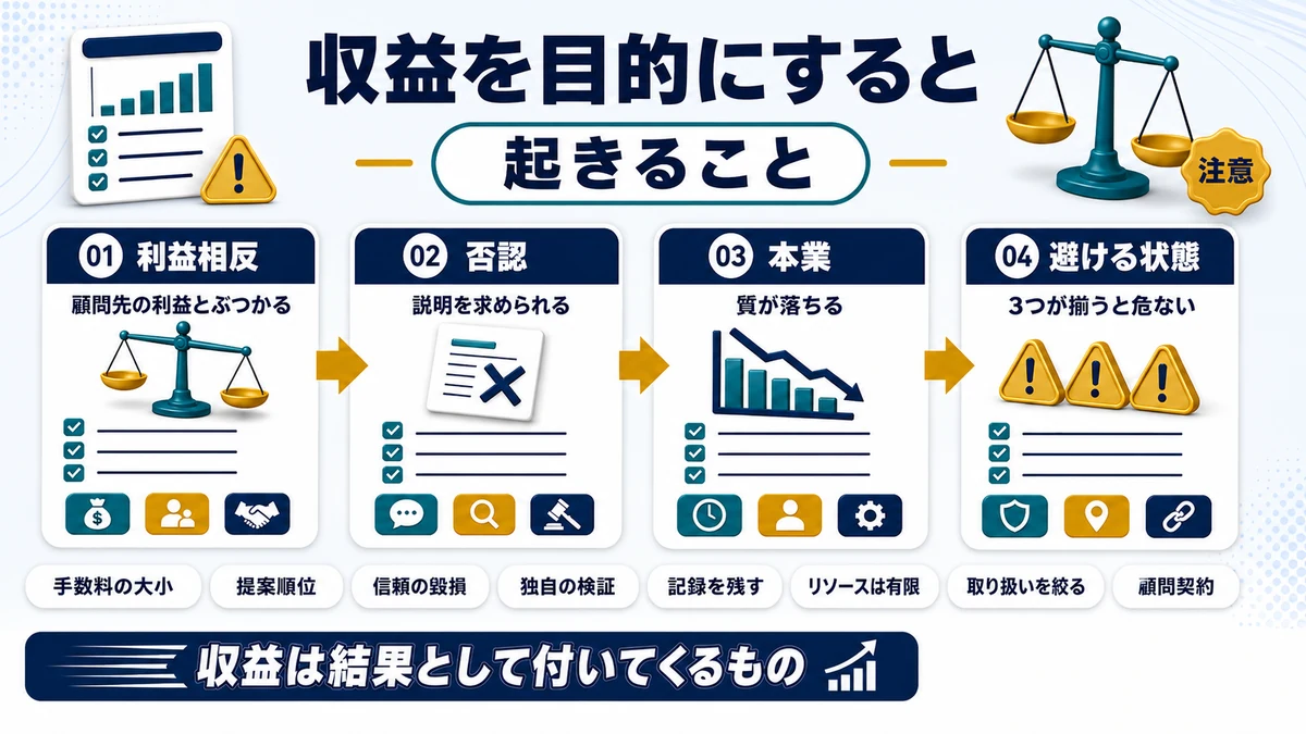 節税商品の取り扱いを収益目的で進めたときに起きる問題を示した図