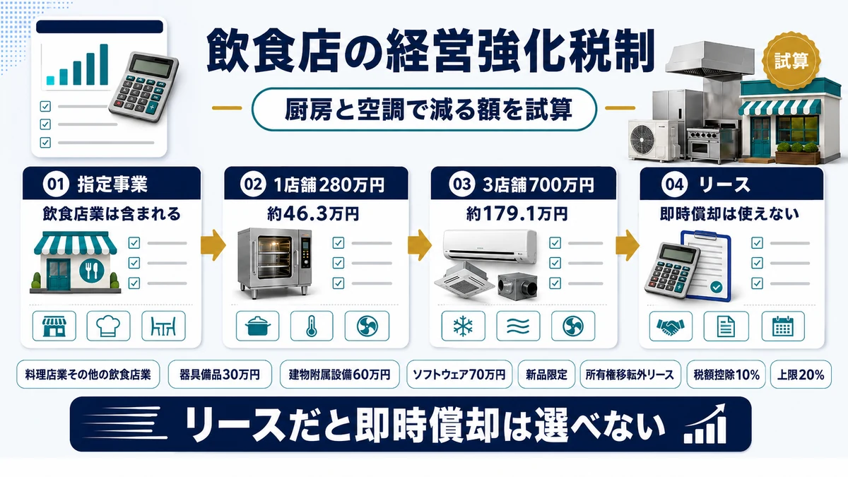 飲食店で中小企業経営強化税制を使ったモデルケースと減る税額をまとめた図