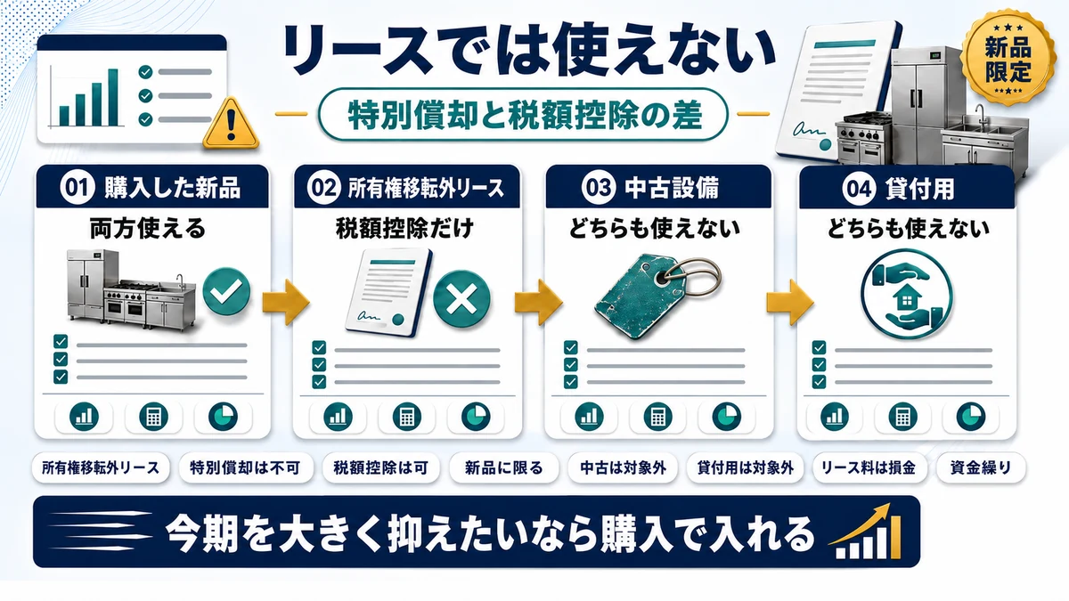 所有権移転外リースでは特別償却が使えず税額控除のみになることを示した図