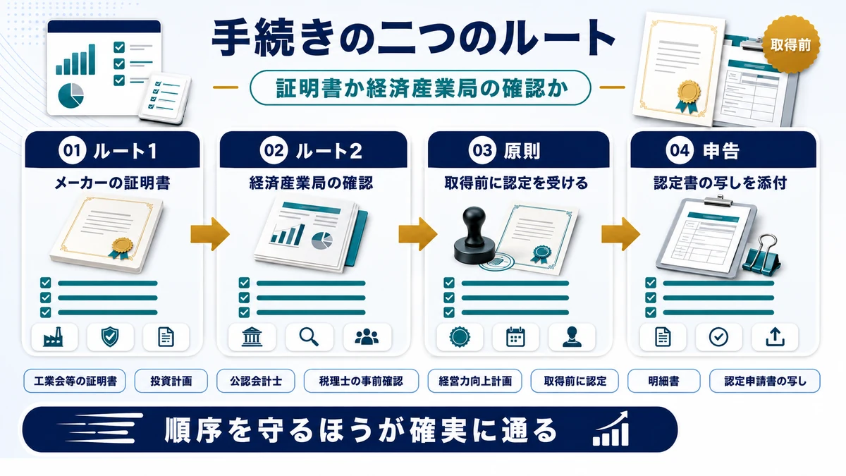 工業会証明書を取るルートと経済産業局の確認を受けるルートを示した図