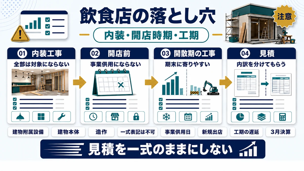 飲食店が経営強化税制で見落としやすい注意点を示した図