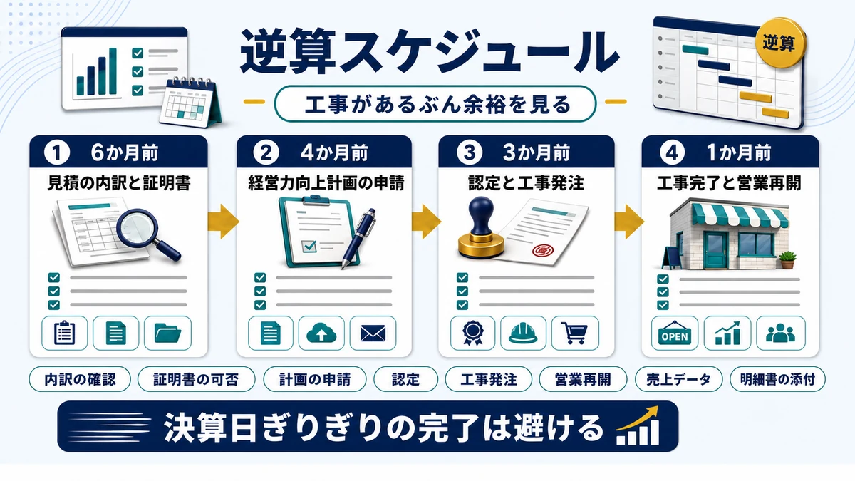 飲食店が経営強化税制を使うための逆算スケジュールを示した図