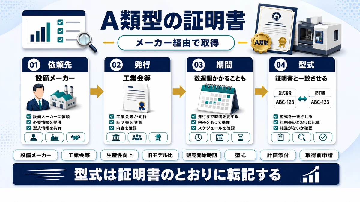 工業会等の証明書を取得する（A類型）の要点を整理した図