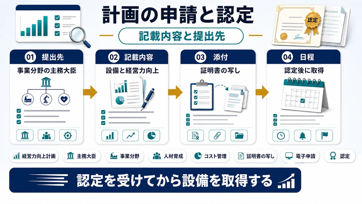 経営力向上計画を申請し認定を受けるの要点を整理した図