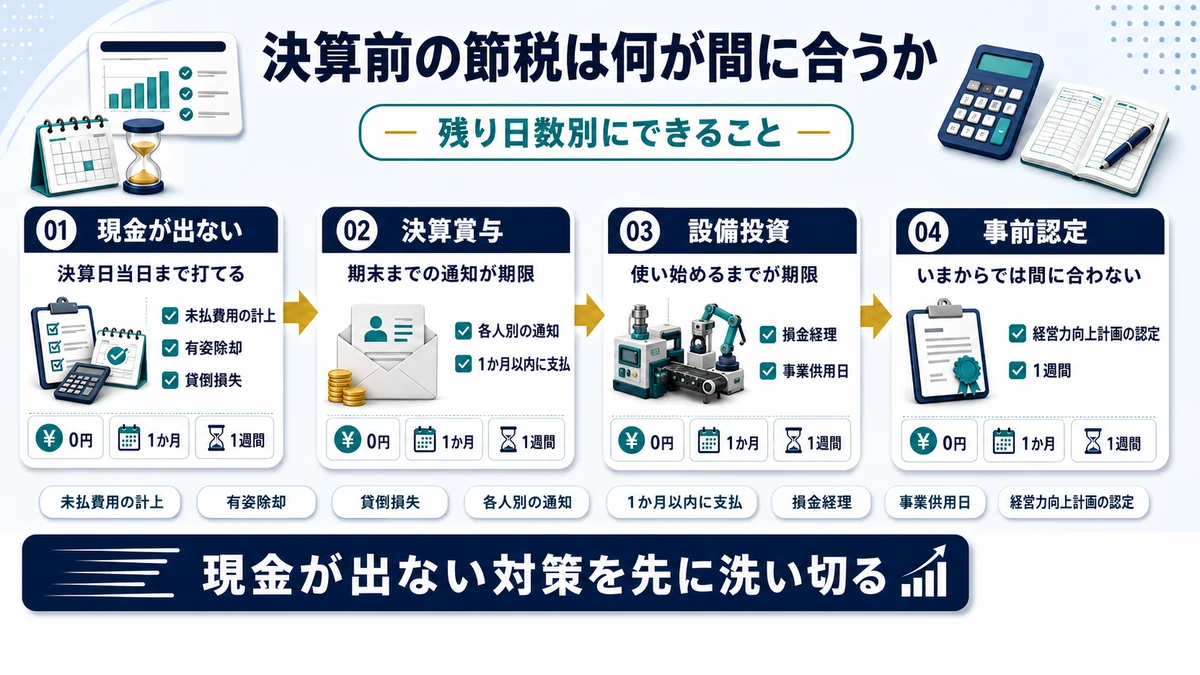 決算前の残り日数別にできる節税策を仕分けた図