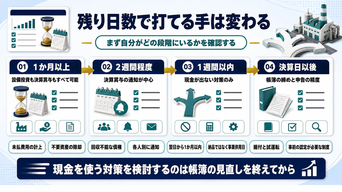 決算までの残り日数別に打てる節税策を仕分けた図