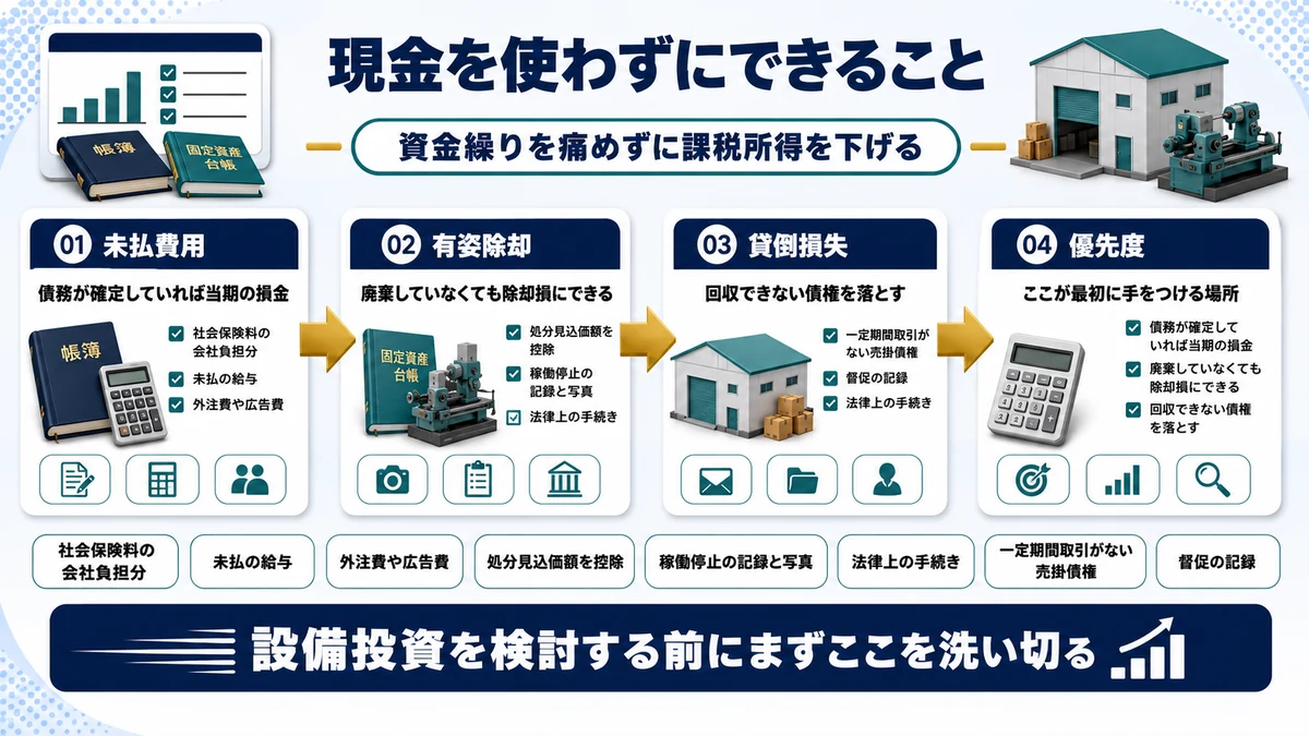 現金を使わずに損金を計上できる決算前の対策を示した図
