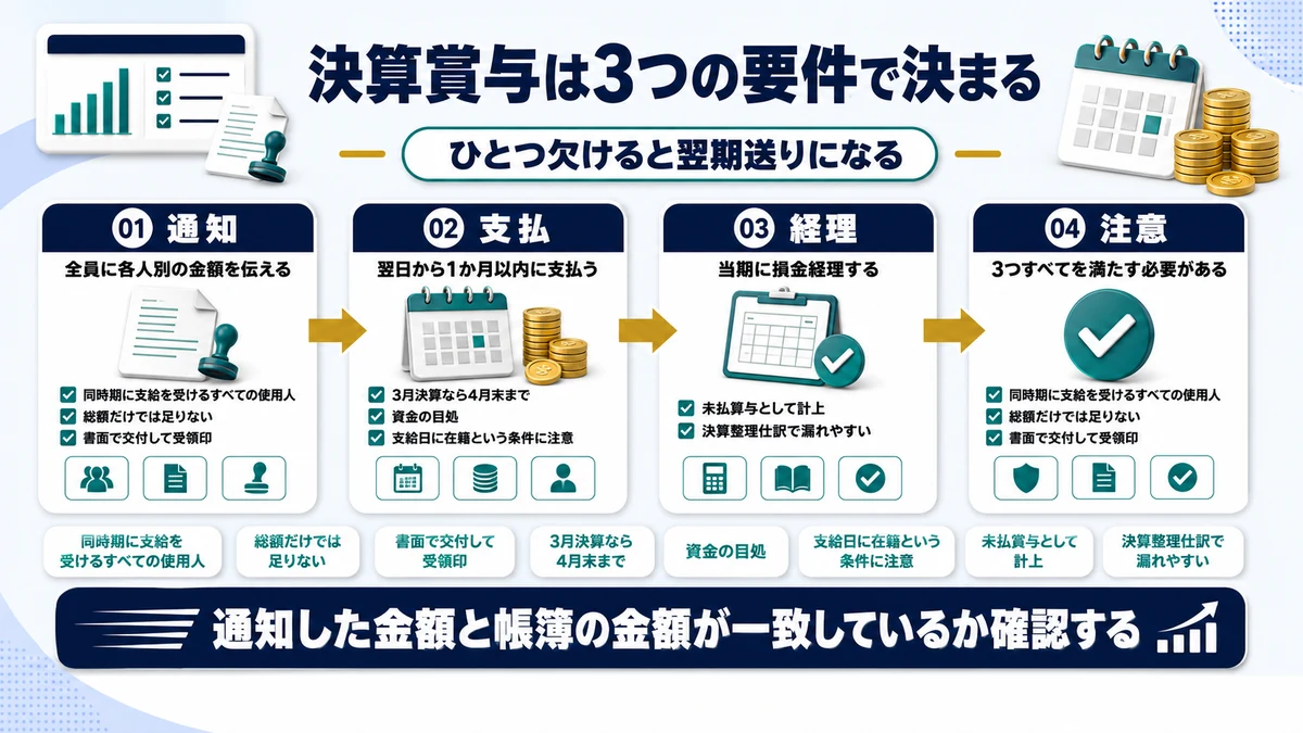 決算賞与を未払でも損金にするための3つの要件を示した図