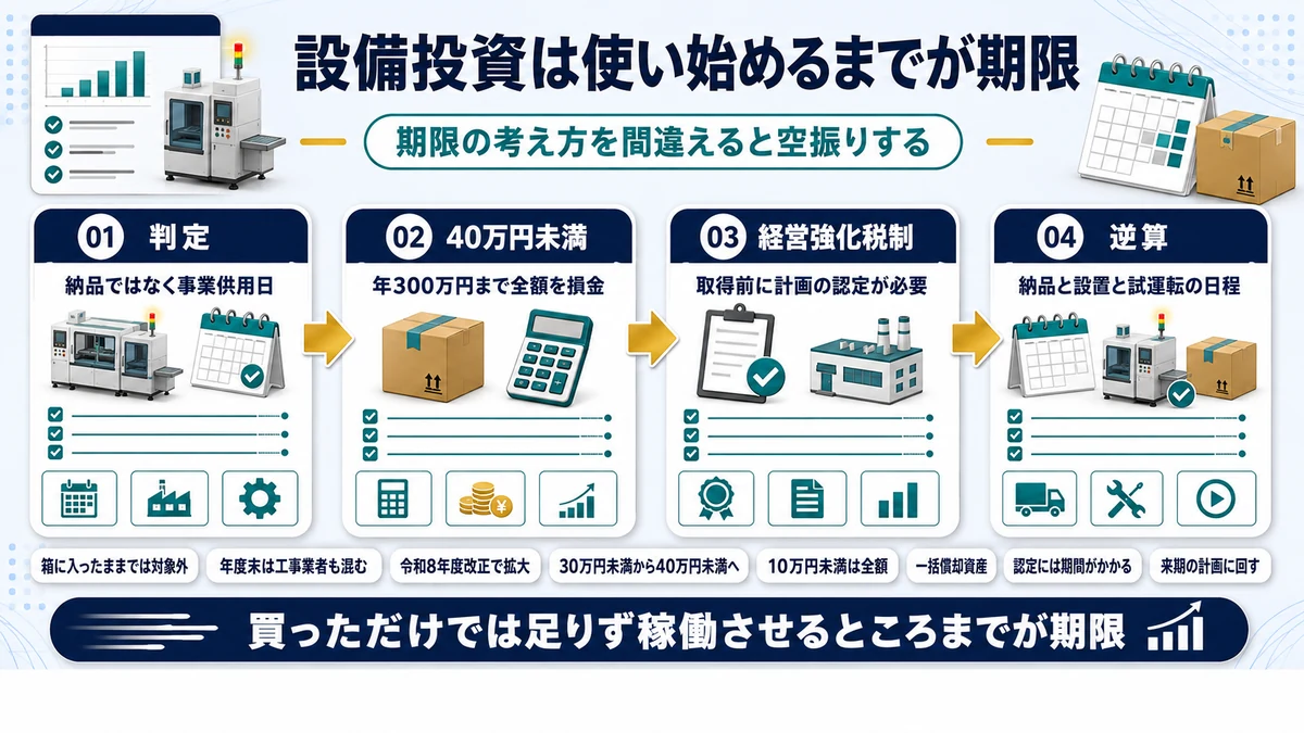 決算前の設備投資が損金になる条件と事業供用日を示した図