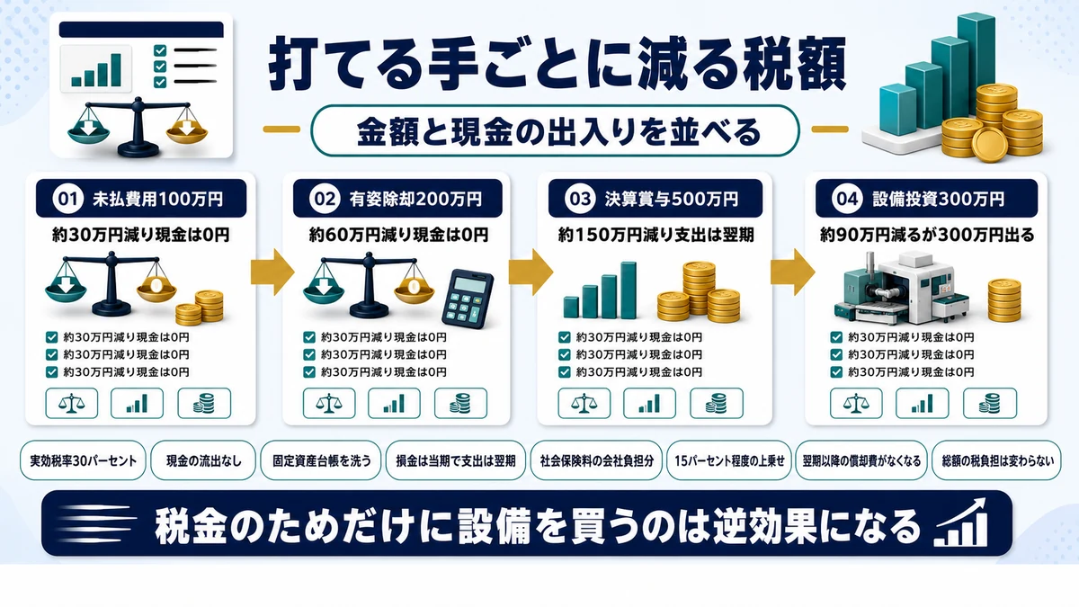 決算前の各対策で減る税額と出ていく現金を比べた図