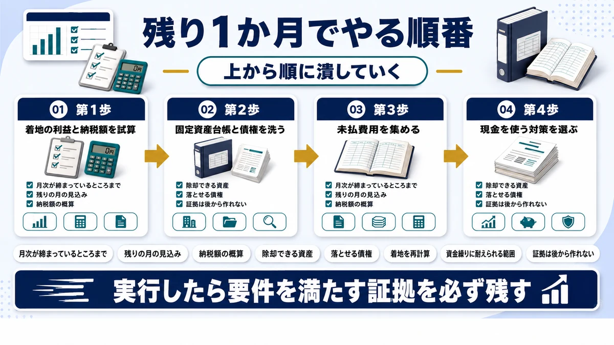 決算まで残り1か月で節税策を実行する順番を示した図
