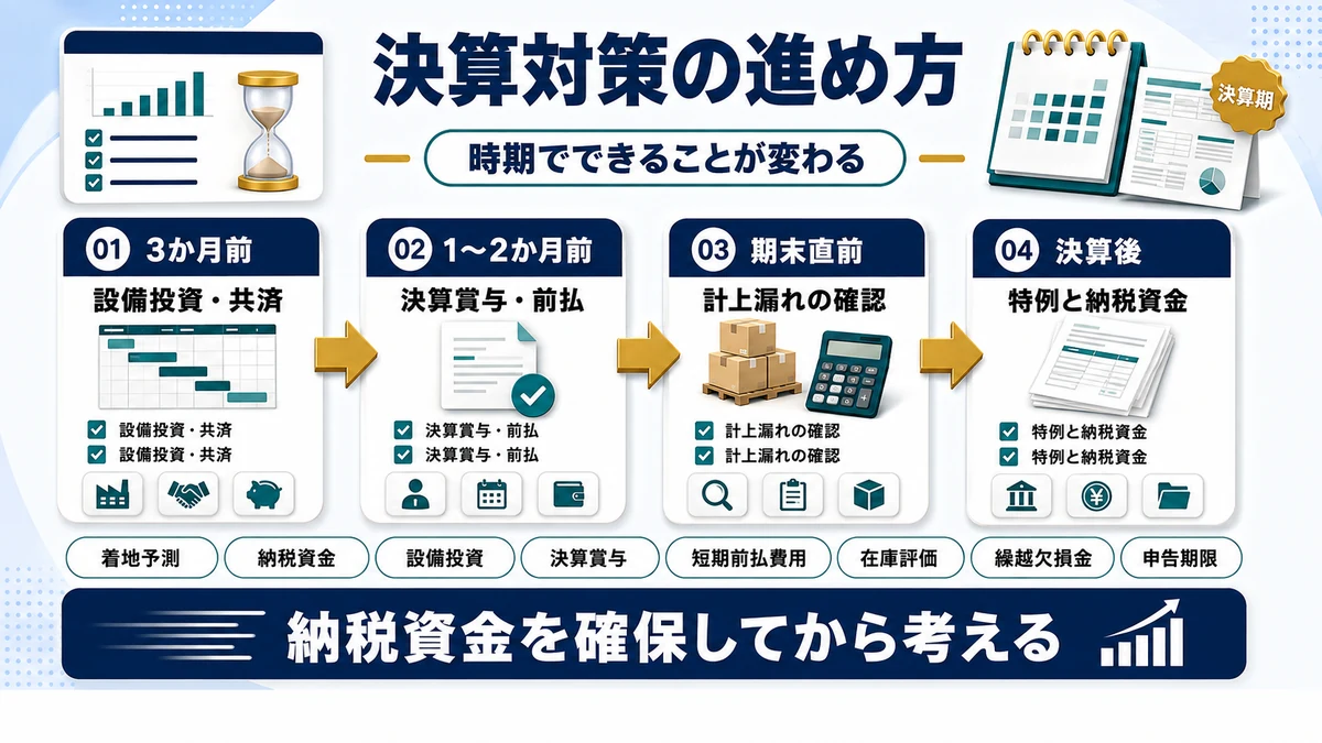 決算対策を3か月前から決算後までの時期別に整理した図