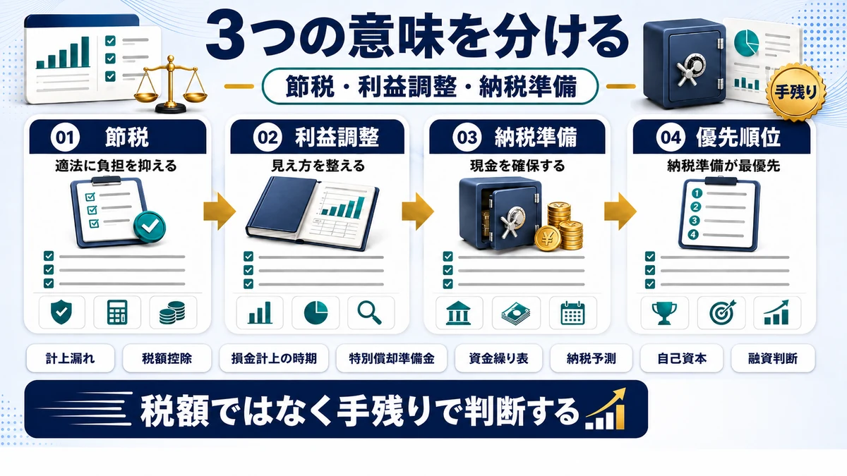 決算対策とは？3つの意味を分けて考えるの要点を整理した図