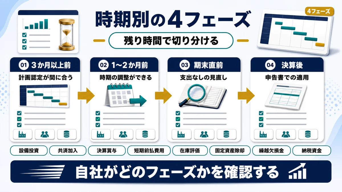 決算対策の全体像｜時期別4フェーズの要点を整理した図