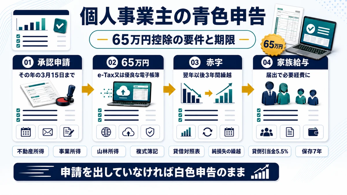 青色申告の承認申請期限と65万円控除の要件をまとめた図