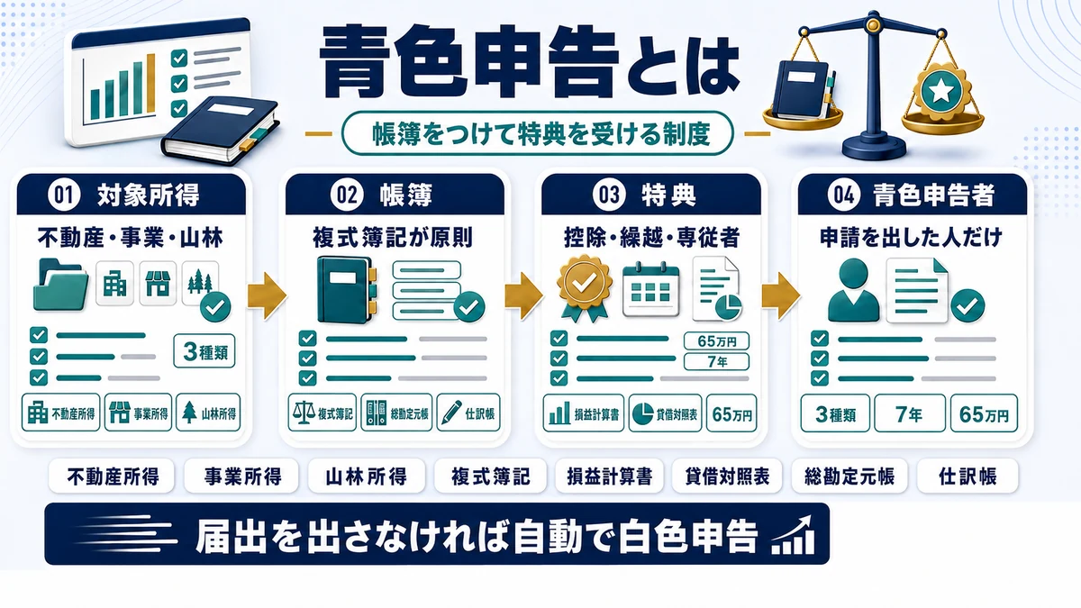 青色申告の対象所得と主な特典を示した図