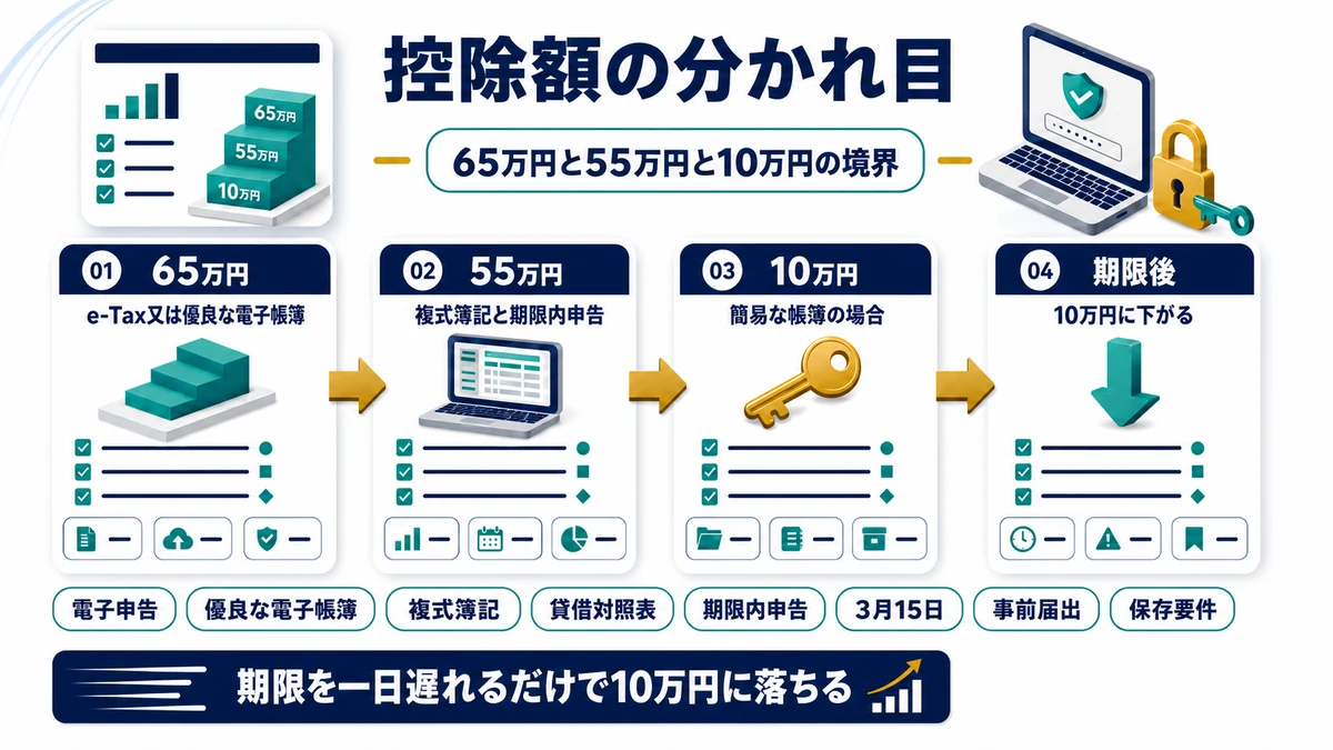 青色申告特別控除が65万円・55万円・10万円に分かれる要件を示した図