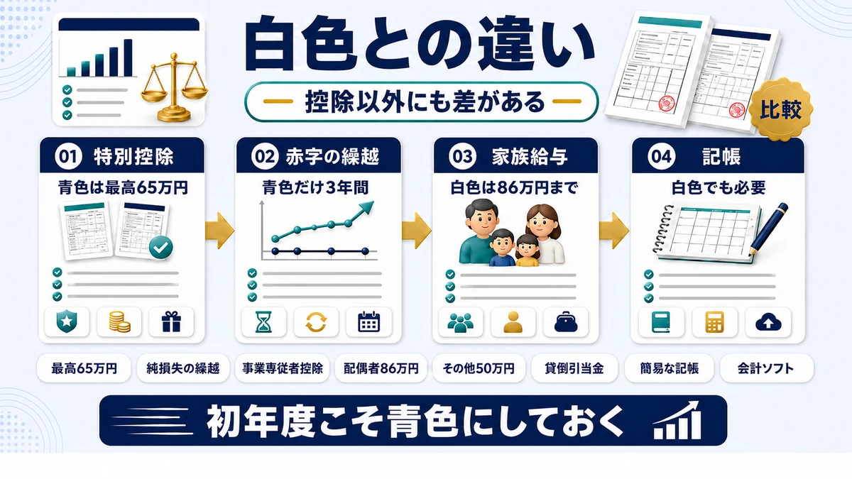 青色申告と白色申告の控除・繰越・専従者の違いを示した図