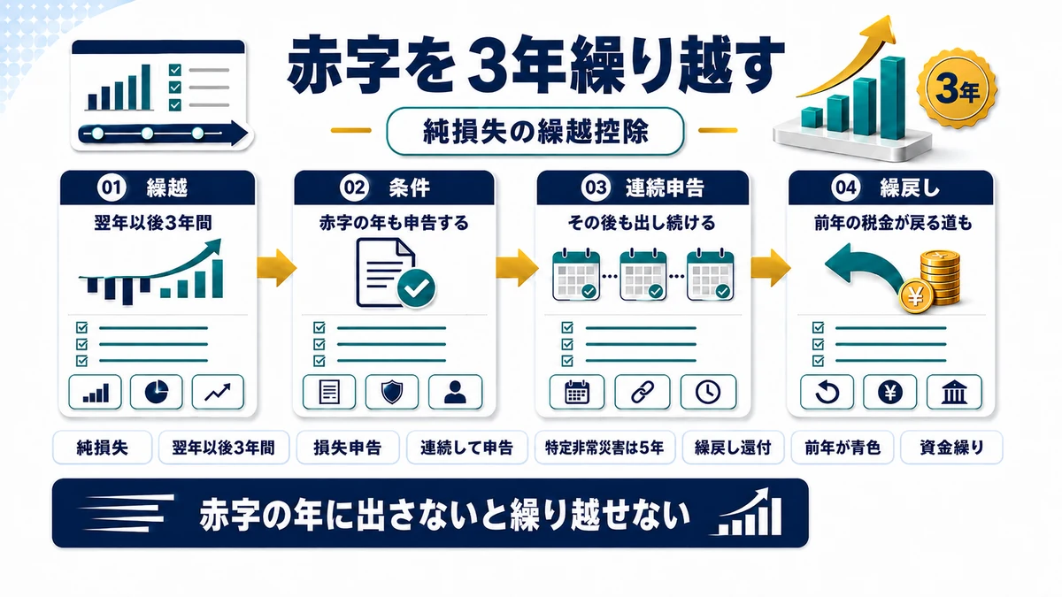 純損失を翌年以後3年間繰り越して控除する仕組みを示した図