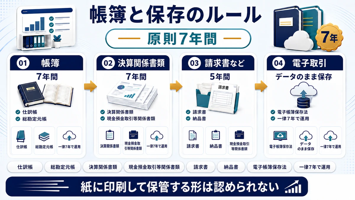 青色申告で必要な帳簿書類の保存期間を示した図
