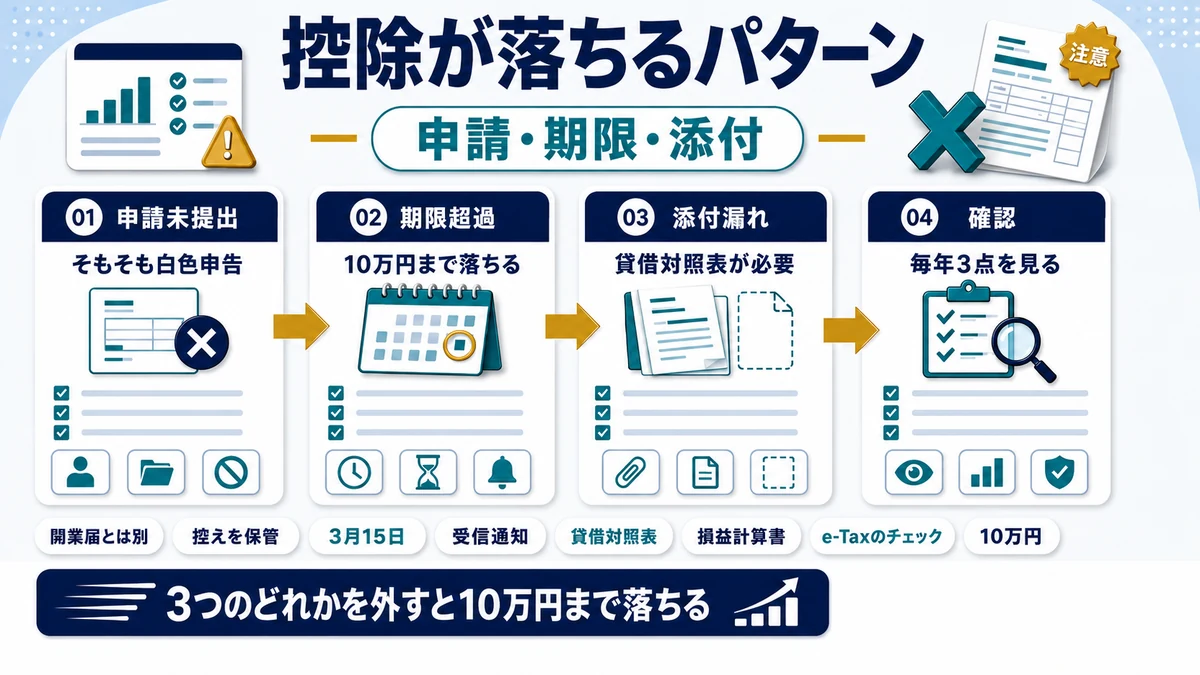 青色申告特別控除が減額される典型的な失敗パターンを示した図