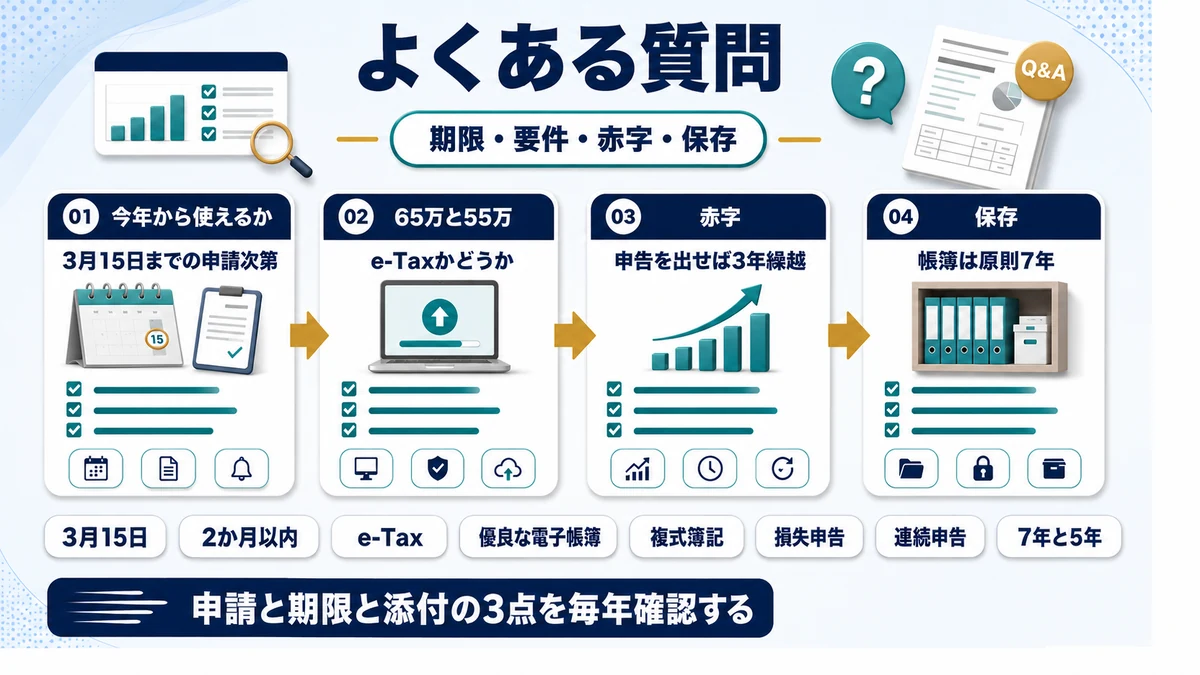個人事業主の青色申告に関するよくある質問をまとめた図
