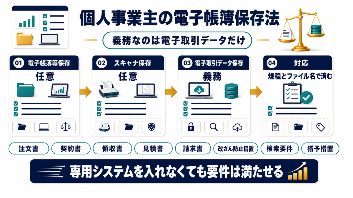 個人事業主の電子帳簿保存法で義務なのは電子取引データの保存だけであることをまとめた図