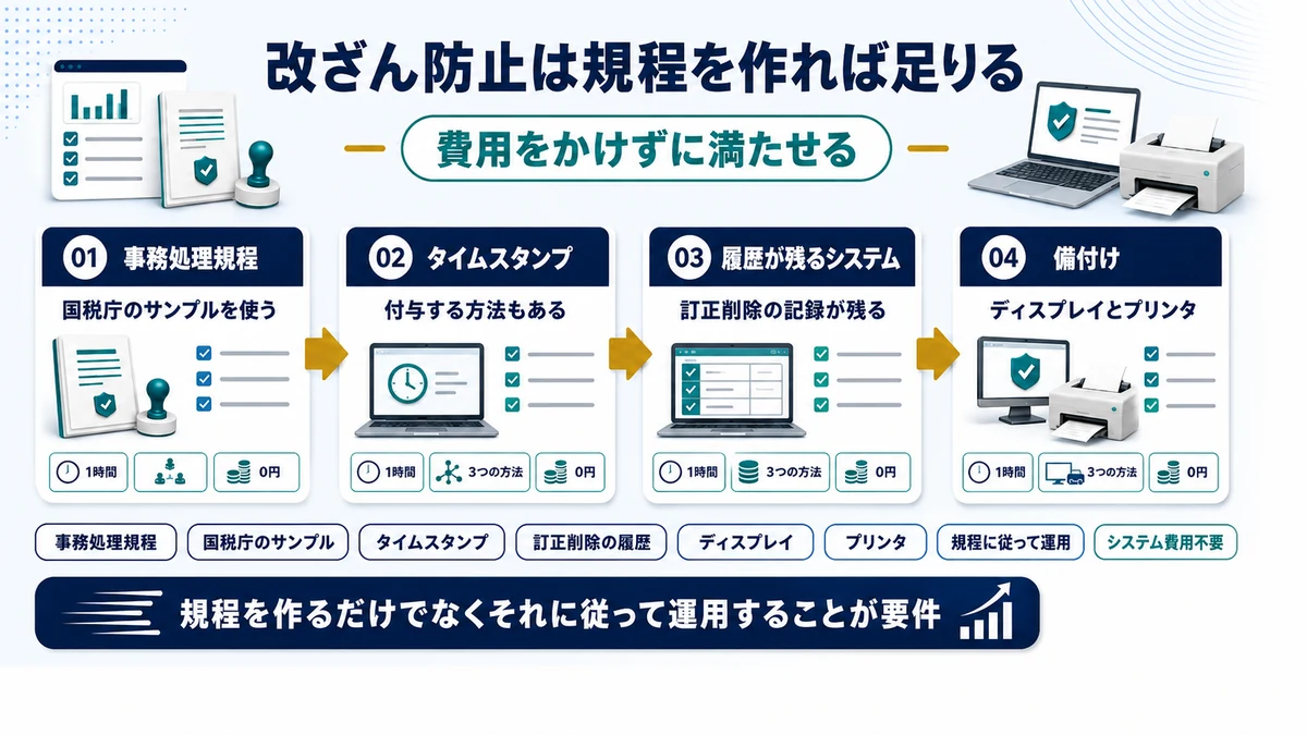改ざん防止措置をシステムなしで満たす事務処理規程の方法を示した図