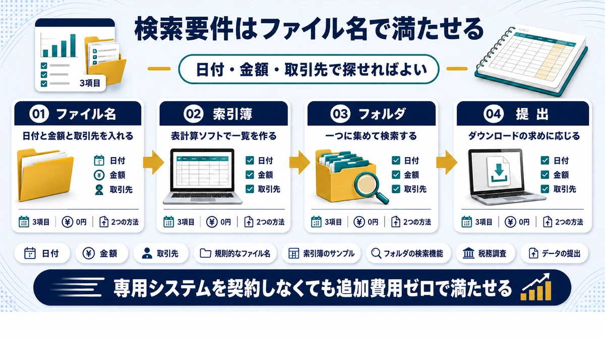 検索要件をファイル名の付け方や索引簿で満たす方法を示した図