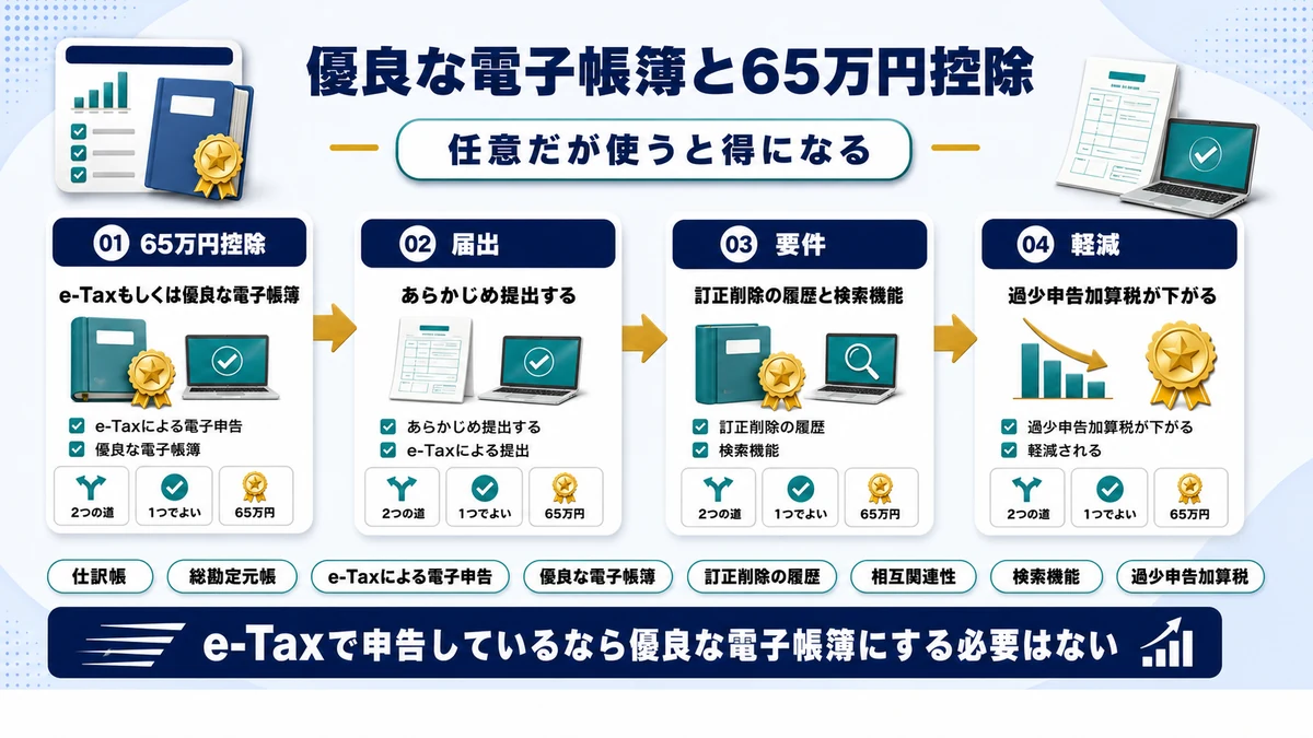 優良な電子帳簿による青色申告特別控除65万円の要件を示した図