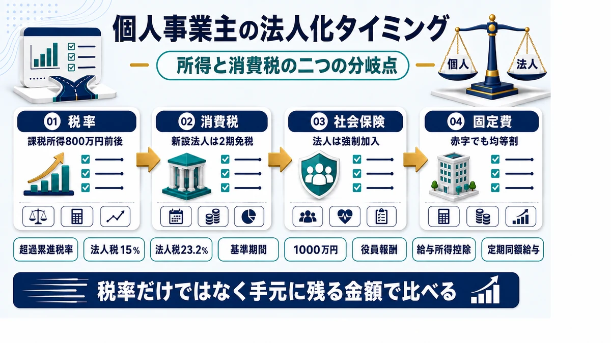 個人事業主が法人化を判断するときの所得と消費税の分岐点をまとめた図
