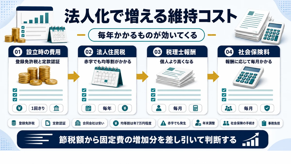 法人化により発生する設立費用と毎年の維持コストを示した図