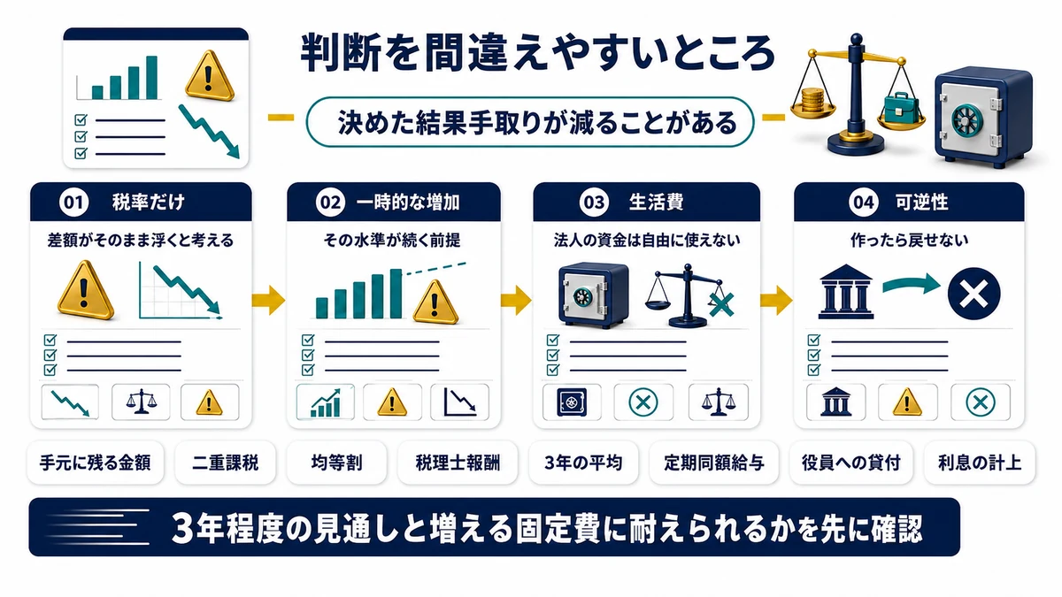 法人化の判断で間違えやすいポイントを示した図