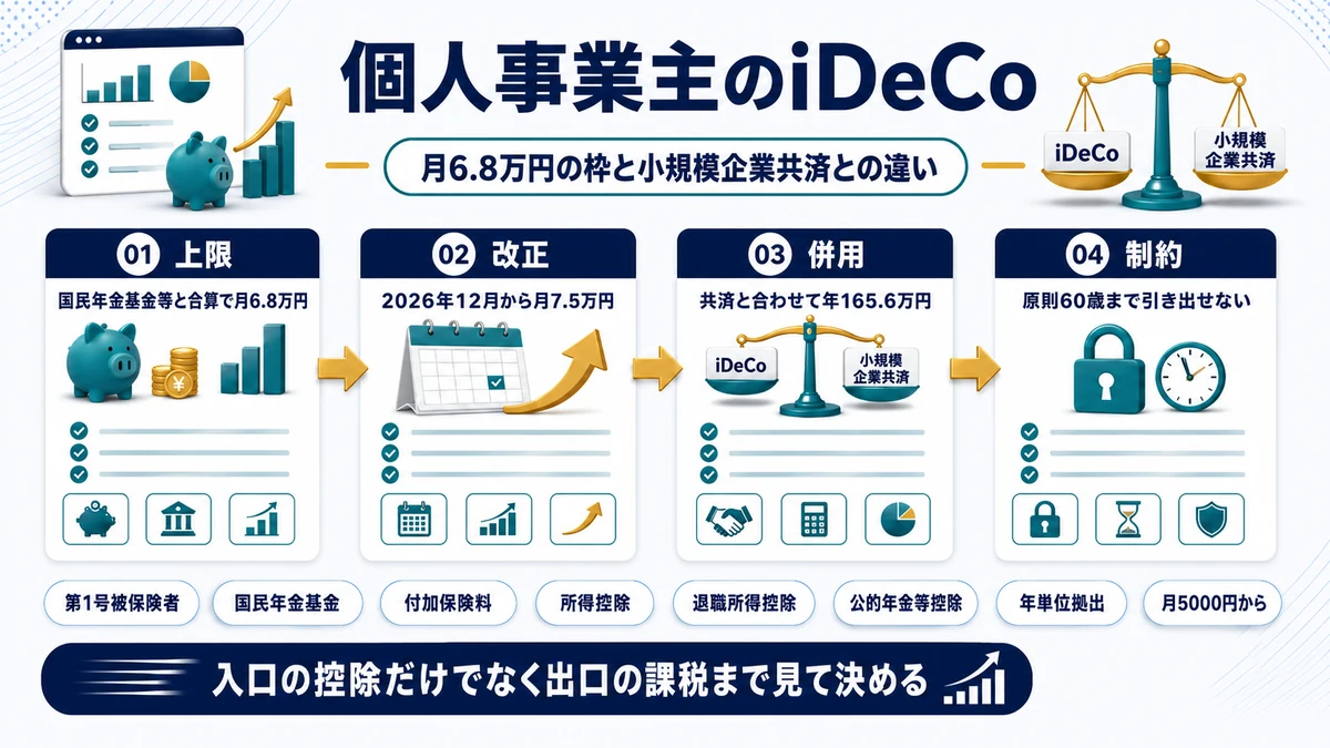 個人事業主のiDeCoの拠出限度額と小規模企業共済との違いをまとめた図