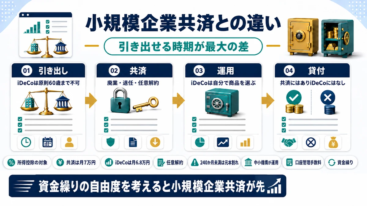 iDeCoと小規模企業共済の上限・引き出し・運用の違いを示した図